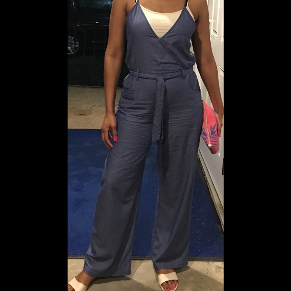 Wide Leg Denim Look Jumpsuit